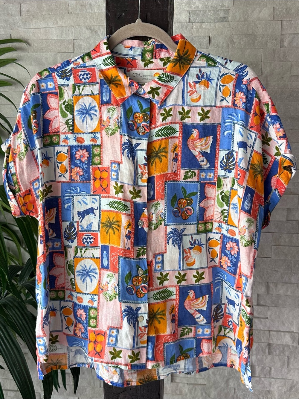 C&C Tropical Vacation Marrakech Multi Patchwork Fruit Print Linen Shirt Size S